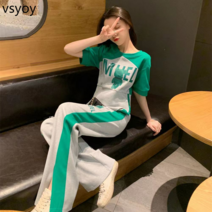 vsyoy 캐주얼 스포츠 여성 정장 2023 여름 새로운 패션 서양 스타일 우아한 나이 감소 슬리밍 넓은 다리 바지 투피스 세트