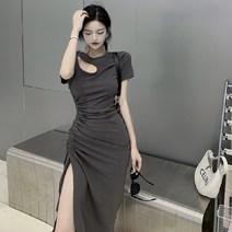 KORELAN 트임 펀칭 미디스커트 하한핏 슬림 스트링 반팔 원피스 여풍