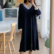 로로텐 배색 브이넥 롱 원피스 무지 핀턱 셔링 A라인 빅사이즈