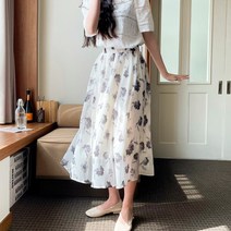 플라워 수채화 꽃 나염 무채색 하늘하늘 허리밴딩 쉬폰 롱 스커트