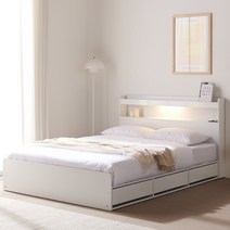 바로방가구 샤인 LED 수납형 서랍형 슈퍼싱글 퀸 침대 프레임 ss q, 퀸(Q)/3단서랍형(본넬매트포함), 화이트