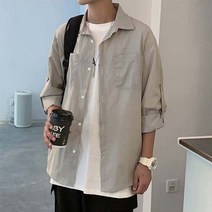 이지핏 남자 바스락원단 내추럴 레이어드 레터링 롤업 셔츠 남자상의 남성상의 남자남방 남성남방 스트라이프남방 체크남방 롱셔츠 롱남방 캐주얼남방 캐주얼셔츠 아우터겸용셔츠 면남방 기본남방