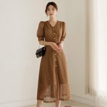 시크라인 진주 버튼 펀칭레이스 벌룬소매 플레어 원피스