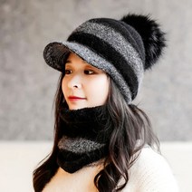 털모자 겨울모자 겨울용모자 은창]워머 세트 배색 방울 털 모자 귀마개 보온 가을 겨울 여성 벙거지 목도리 스카 별의별굿즈