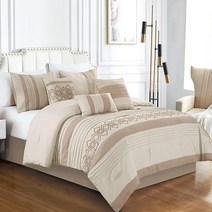 Chezmoi Collection Ariel 7피스 그레이 기하학 셔닐 자수 플리츠 스트라이프 이불 침구 세트 풀 사이즈, Full, Taupe Geometric Stripe