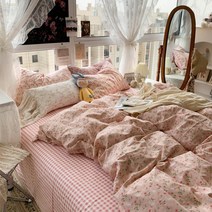 러블리 체크 꽃이불 여름 이불커버세트 감성 스타일 잔꽃무늬 이불세트 인스타 시트 베개커버, 침구 세트, 레베카, 1.5 침대 4피스 200 230cm 이불