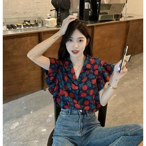 빅사이즈 꽃무늬블라우스 봄가을 레이스 브이넥 잔꽃 오피스룩 프릴 빈티지 데이트 상의