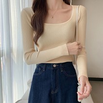 여성 슬림 골지 패션 U넥 스타일 데일리 긴팔 티셔츠