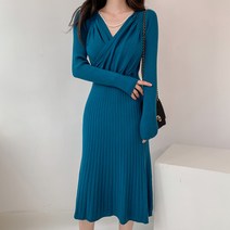 타니즈 모린 탈부착 진주 포인트 골지 셔링 여성 니트 미디 원피스