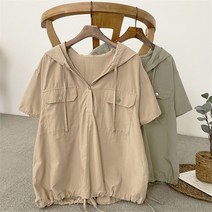 [코지] 여자 아메카지 투포켓 밑단 스트링 반팔 후드 셔츠
