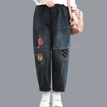 마마제이 40 50대 중년여성의류 팬지꽃 자수 청 데님 밴딩 스판 바지 마담옷