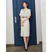 [미센스] 애플아울렛 / V넥 H라인 벨티드 원피스/ 고급스러운 원단에 배색버튼장식과 배색스티치로 포인트를 줌. 밑단프론트에 트임과쉬폰주름으로 디테일 세련된 버클장식 벨트