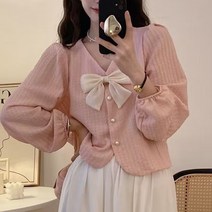 아이엠몽 여성 라푸 리본 진주버튼 퍼프 여리 블라우스