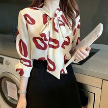 리본블라우스 셔츠 쇄 끈 긴 소매 쉬폰 캐주얼 풀오버 우아한