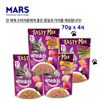 위스카스 테이스티믹스 70g 고양이 주식 파우치, 닭고기 참치와 당근 70g x 4개