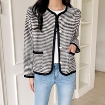 옷자락 여자 하운드체크 왕단추 봄자켓 가디건