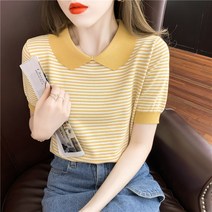 Ogfaour 여름 스트라이프 아이스 니트 반팔 티셔츠