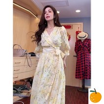 쉬폰 원피스 브이넥 7부 여성 시폰 플라워 랩 롱 꽃무늬