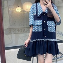 잇츠스타일 여성 빅사이즈 루즈핏 블루 네이비 꽃무늬 프릴 캉캉 미니원피스