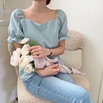 여자 하트넥 반팔 스퀘어 셔링 슬림 소라색 블라우스