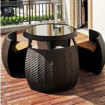 원형 플라스틱야외테이블세트 야장 접이식 테이블, 호박풍 의자 4개 + 검정색 유리 원형 테이블 (흰색