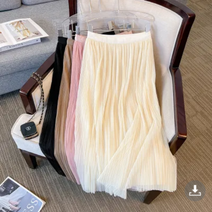 루루뷰티패션 심플 레이스 쉬폰 밴딩 프리사이즈(44~66) 롱 플리츠 스커트 E0012