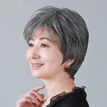 할머니 가발 중년 여성 통가발 여자 자연스러운 머리 짧은 생머리 공연 백발 머리커버 노인, 자연흑고온사