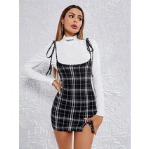 드레스 여성 봄 Undefined 빈티지 캐주얼 격자 무늬 스트랩 가방 힙 미니 로브, [02] M, [01] Black