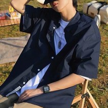 박시한 오버핏 반팔남방 힙한 커플룩 네이비 베이지 / 남친룩 레이어드 남자