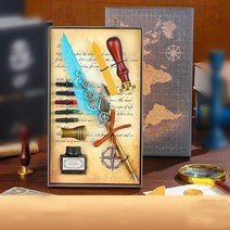 서예세트 빈티지 골동품 깃털 딥 펜 키트 레트로 나무 딥 펜 클래식 왁스 인감 스탬프 키트 예술 단어 선물, C-레이크 블루