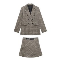 -체크 무늬 블레이저 스커트 여성용 우아한 더블 브레스트 자켓 미니 A라인 플리츠스커트 투피스/세트