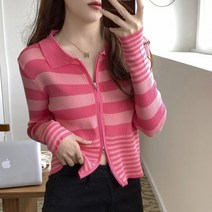 마쿠쿠 투웨이 지퍼 단가라 스트라이프 카라 여성 긴팔 니트 크롭 가디건 집업