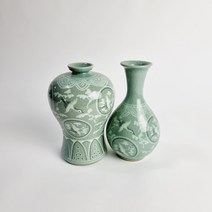 고려청자 상감 운학문 미니 소 민속품 골동품 도자기 매병 주병 2p 세트