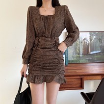 [페미닌템/적극추천] 스퀘어넥 레오파드 호피 슬림핏 주름 셔링 미니 원피스 2color