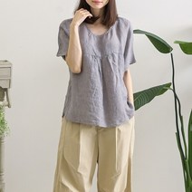 내추럴가든 잔줄지 앞셔링 린넨 블라우스