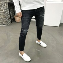 용된다 남자 찢어진 흑청 워싱 스판 블랙 청바지