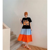 프린팅 배색치마 루즈핏 반팔원피스 롱원피스 면반팔 롱반팔 박스 빅사이즈 큰 여름