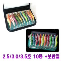 수납케이스 3.5호 에기 세트 10개 왕눈이 쭈꾸미 애기 요즈리 갑오징어 에깅대 보관함 야광 테이프 색동 루어대 봉돌 낚시채비 축광 도료 튜브 스티커 테이프, 2.5호에기10종 보관집