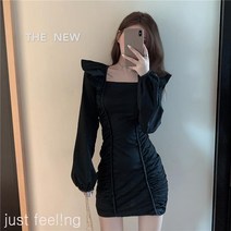 just feel!ng 여성용 네크라인 긴팔 블랙 원피스 슬림 힙스터 스커트 여성원피스 여성 학객원피스 겨울원피스 겨울치마