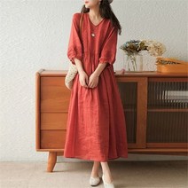 린넨 원피스 마 빅사이즈 롱 리넨 캐주얼 레이스 업 v-넥 드레스 솔리드 여름 3/4 슬리브 여성 Vestidos De Mujer 코튼 맥시