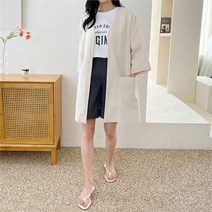 [코지] 여자 박시핏 노카라 심플 베이직 미디움기장 린넨 자켓