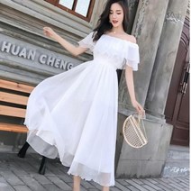 파티드레스 하객원피스 4 레이어 쉬폰 여성용 오프 숄더 허리 포옹 슬리밍 롱 여름 휴가 사진