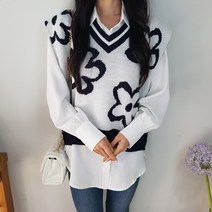 상상그이상 여성용 국내제작 크로버 배색 귀염 니트조끼 부드러운 필수 블라우스 코디세트 쉬운 코디 편하게 입을 수 있는 사이즈 좋은 보풀없는 가성비 레이어드 조끼세트