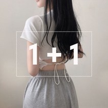 1+1 도앙뜨 여성용 이즈니 뒷태반전 라운드넥 언발 뒷트임 스트링 여름 반팔 니트티