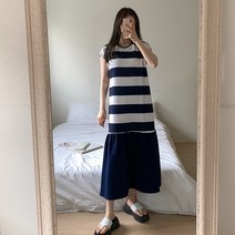 퍼니걸스 6766 배색 단가라 플레어 훌 민소매 롱 원피스 여성의류