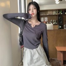 블랙 정숄더 브이넥 긴팔 티셔츠 상의 여슬림핏 언발 레깅스 이너 쇼트 초가을