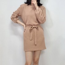 이지무드 여성 Ruby 반목폴라 골지 허리끈 H라인 긴팔 미니 원피스