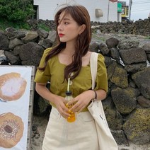 대량 리얼 프렌치 무드 소녀 빈티지 싱글 사각넥 셔츠
