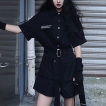 멋지 여성 작업복 점프슈트 여름 블랙 날씬해 보이는 하이웨이스트 반팔 와이드 반바지 세트