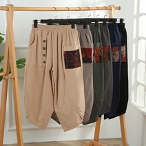 린넨 단추 조각보 패턴 항아리 여름 여성 시원한 팬츠 통 큰 넓은 고무줄 허리 밴딩 사계절 루즈 오버 핏 캐주얼 가볍고 편안한 데일리 8부 9부 바지 야외 캠핑 차박 배기 몸빼